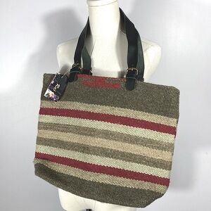 Anthropologie Raj Striped Tote Bag with Black Leather Handles wool/cotton